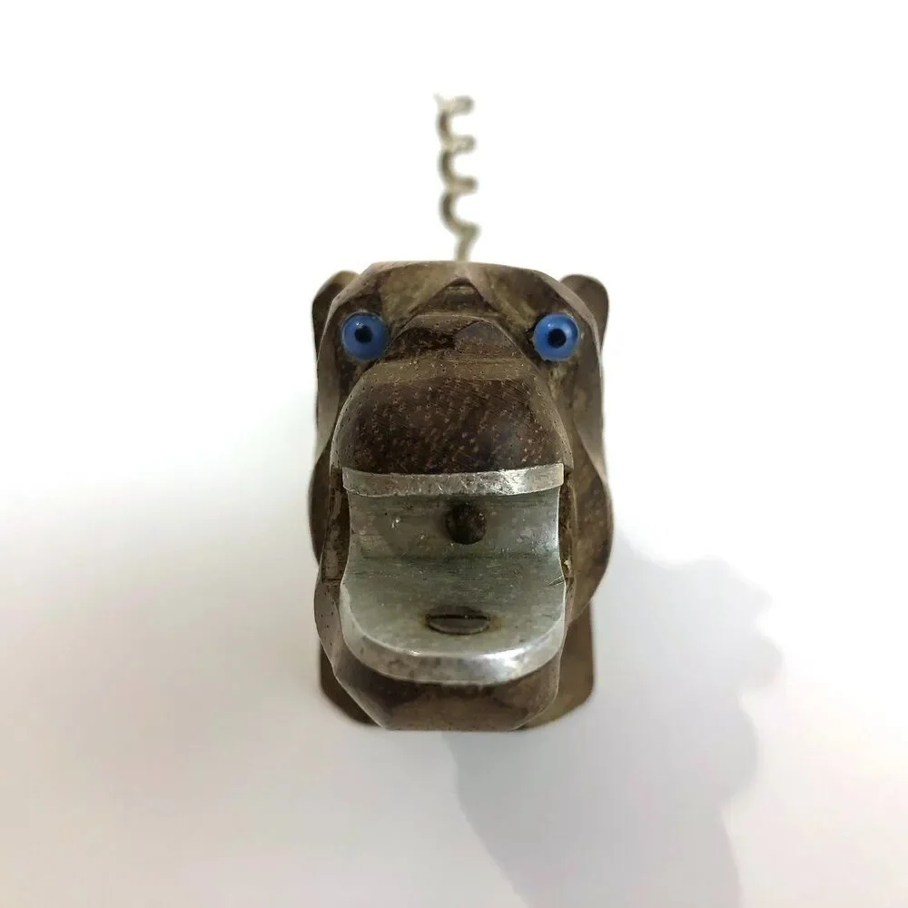 VTG Bulldog Bottle Opener  Corkscrew Hand Carved Wood France Blue Glass Eyes
